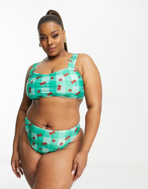 Brave Soul square neck swimsuit in green check cherry print