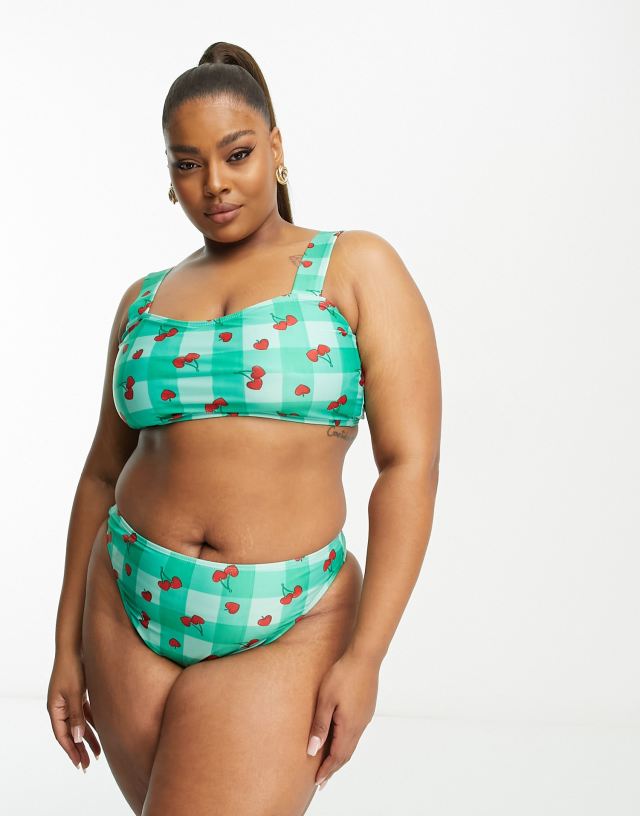 Brave Soul - plus square neck bikini top in light green cherry check print