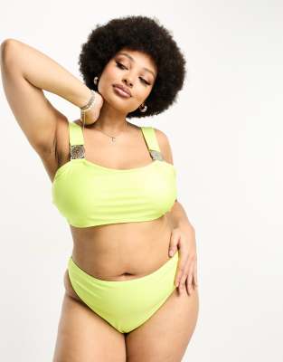 Brave Soul Plus square neck bikini top with jewel detail in neon lime green