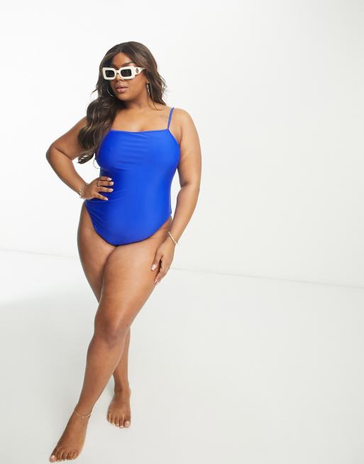 Brave Soul Plus square neck swimsuit in cobalt blue ASOS