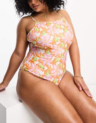 Brave Soul Plus square neck swimsuit in orange floral print