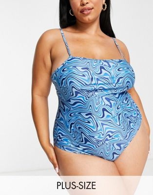 Brave Soul Plus Square Neck Swimsuit With Adjustable Straps In Blue Swirl Print