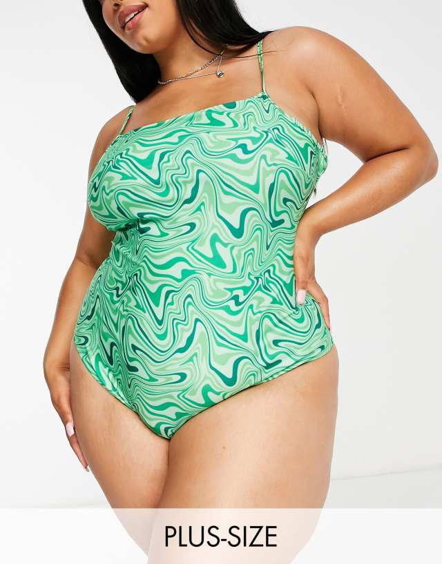 Brave Soul Plus square neck swimsuit with adjustable straps in green swirl print