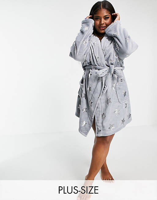 Brave Soul Plus stars fleece dressing gown in grey and silver