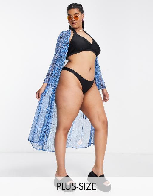 Brave Soul Plus Strand Kimono mit Bindegurtel und blauem Wirbelmuster ASOS