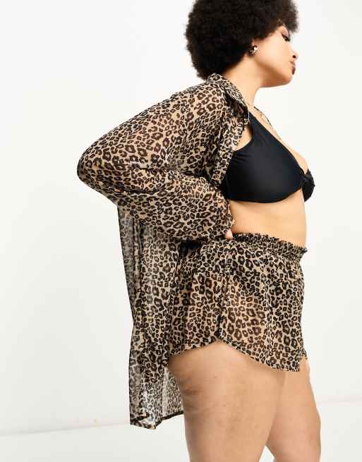 Brave Soul Plus - Strandset met overhemd en short in bruin met dierenprint