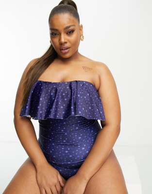 Brave Soul Brave Soul Plus strapless frill swimsuit in navy floral print