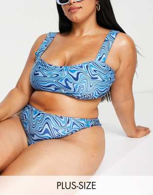 Brave Soul Plus sweetheart neckine bikini top with wide straps in blue swirl print