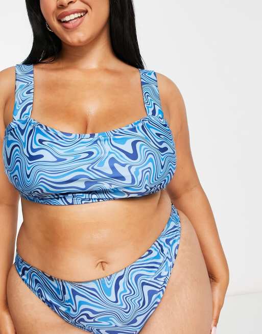 YOURS Curve Plus Size Blue Retro Swirl Print Tankini Top