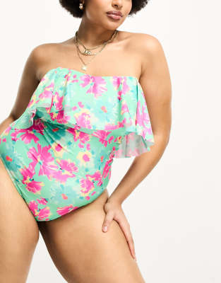 Brave Soul Plus swimsuit in green and pink floral print φωτογραφία