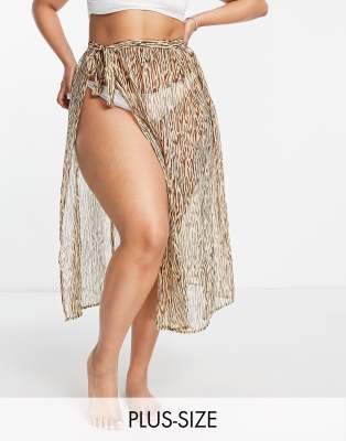Brave Soul Brave Soul Plus tie front maxi beach skirt in brown animal print-Green