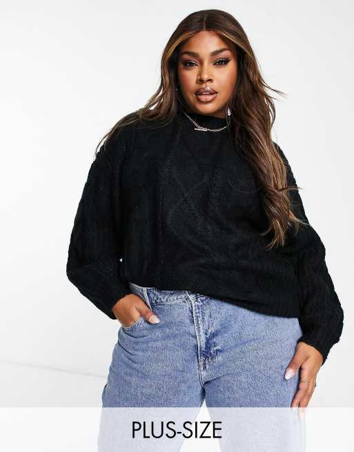 Cable Knit Plus Size Baggy Jumpers Chunky Cable Knit Roll Neck