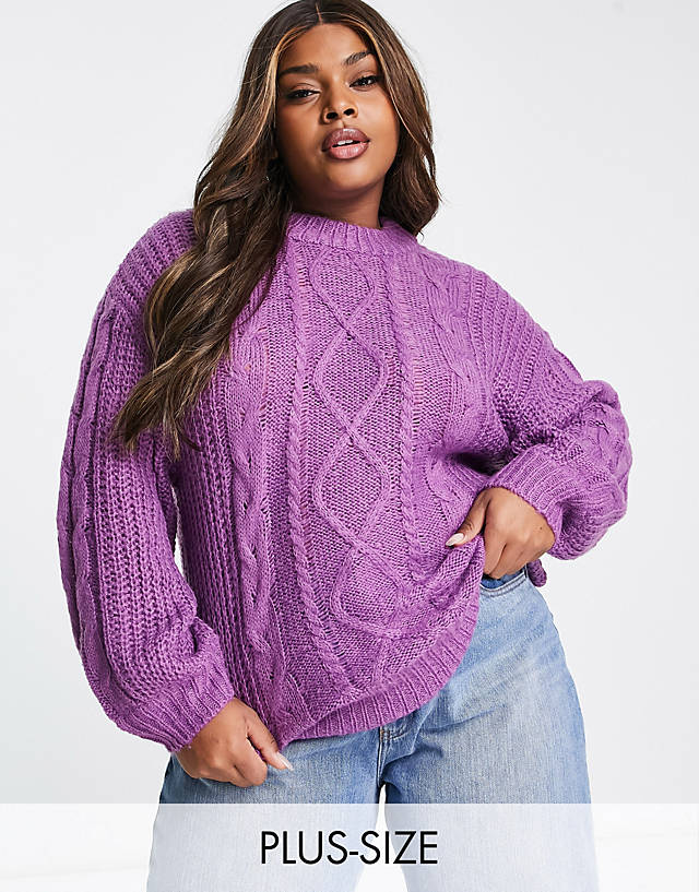 Brave Soul - plus tokyo oversized cable knit jumper in purple