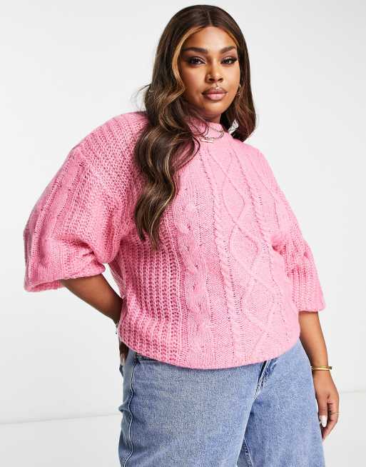 Brave Soul Plus Tokyo oversized cable knit sweater in pink ASOS