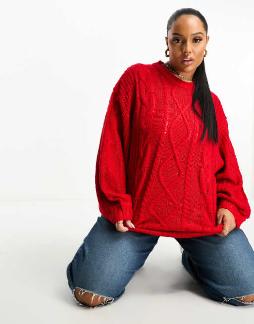 Brave Soul Plus tokyo oversized cable knit sweater in red - Technical View