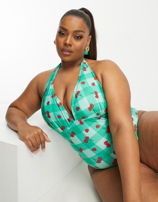 Brave Soul Plus triangle halter swimsuit in light green cherry check print