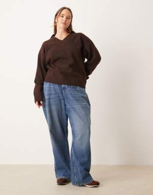 Brave Soul Plus V-neck Soft Touch Sweater In Brown