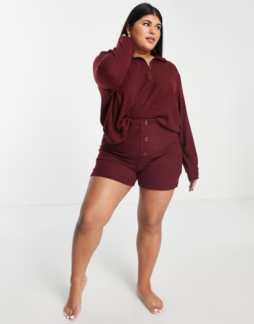 Brave Soul Plus Waffel-Loungewear-Set mit Stehkragen in Burgunderrot, 4 von 4
