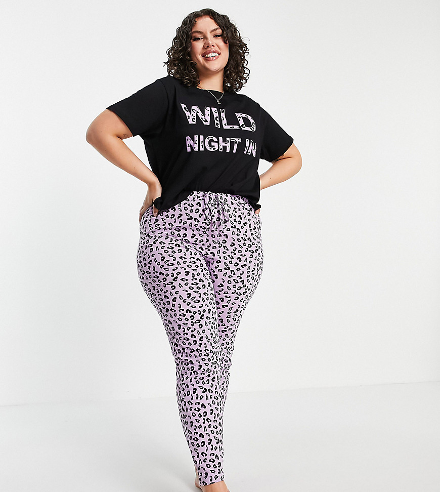 Brave Soul Plus wild night in long pajama set in black and lilac-Multi