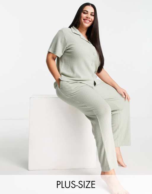 Brave Soul Plus winnie waffle lounge set in sage ASOS