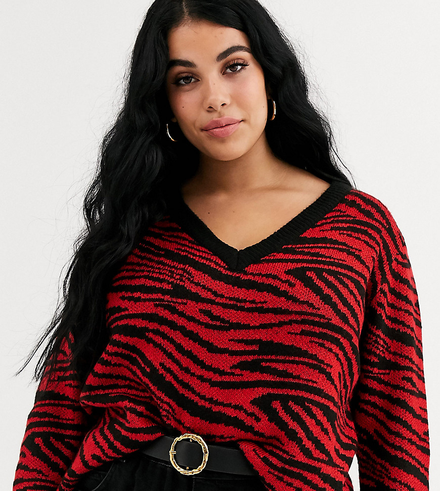 Brave Soul Plus – Zebramönstrad tröja med v-ringning-Röd