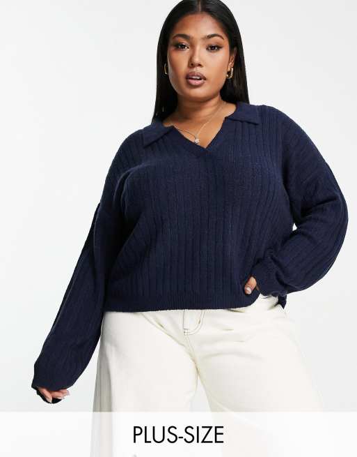 Brave Soul Plus - Zulu - Maglione con scollo a V e colletto stile polo blu navy