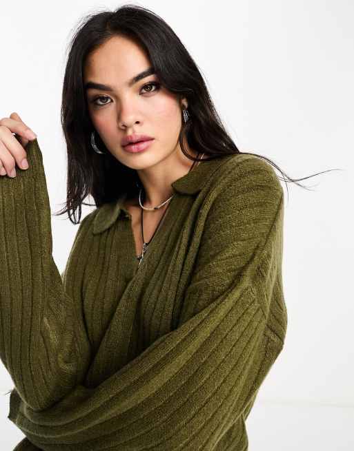 Brave Soul Plus – Zulu – Polo-Pullover in mittlerem Khaki mit V-Ausschnitt