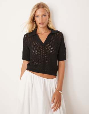 Brave Soul Pointelle knit collared t-shirt in black