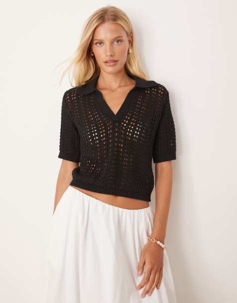 Brave Soul Pointelle knit collared t-shirt in black - view 1