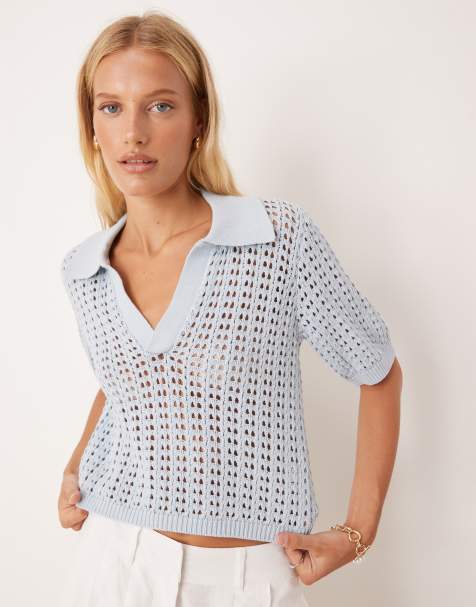 Brave Soul Pointelle knit collared t-shirt in blue - view 1
