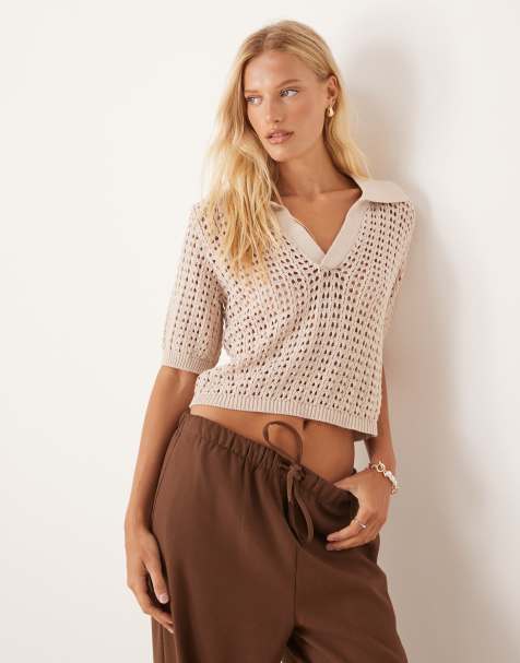 Brave Soul Pointelle knit collared t-shirt in stone - view 1