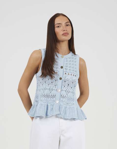 Brave Soul Pointelle knit waistcoat with frill hem in blue