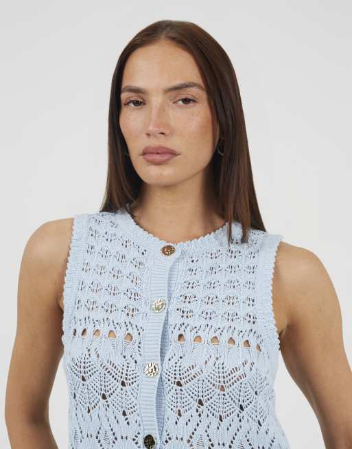 Brave Soul Pointelle knit waistcoat with frill hem in blue, 3 of 4