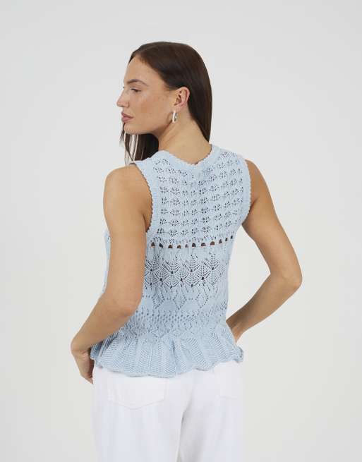 Brave Soul Pointelle knit waistcoat with frill hem in blue, 4 of 4