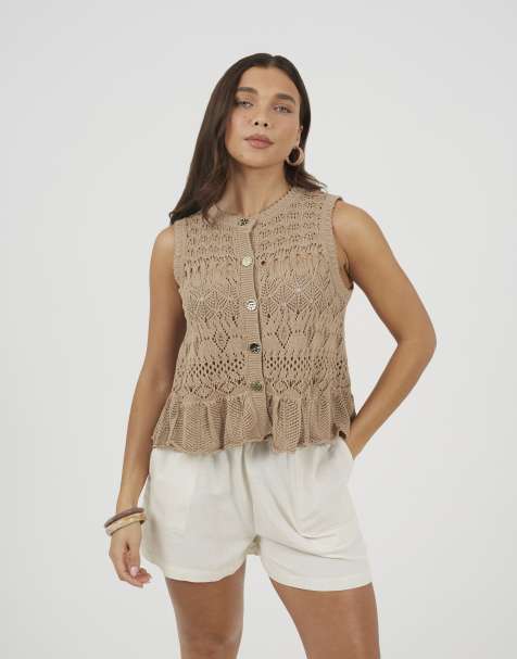 Brave Soul Pointelle knit waistcoat with frill hem in brown - view 1