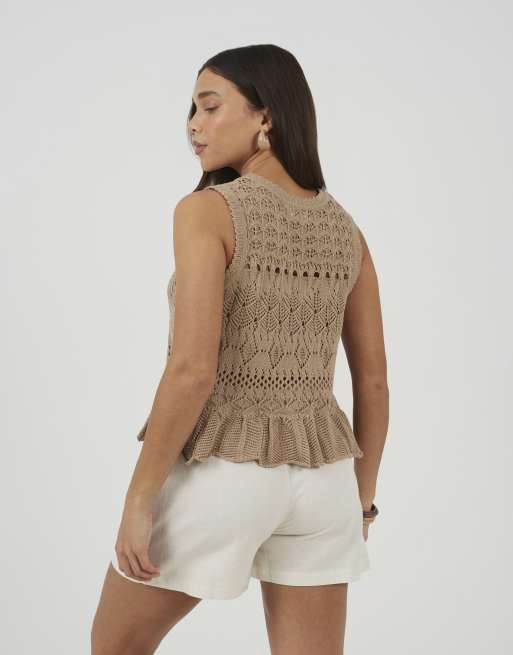 Brave Soul Pointelle knit waistcoat with frill hem in brown, 4 of 4