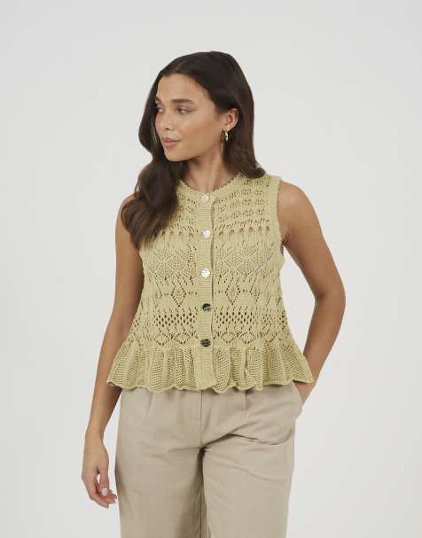 Brave Soul Pointelle knit waistcoat with frill hem in pale green