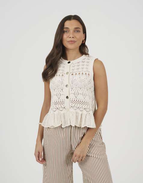 Brave Soul Pointelle knit waistcoat with frill hem in white - view 1
