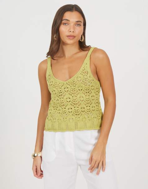 Brave Soul Pointelle knitted vest with scalloped trim in green - view 1