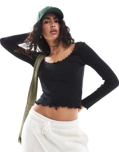 Brave Soul pointelle long sleeve top with bow detail in black - view 1