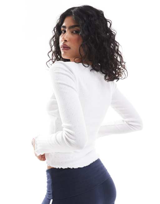 Brave Soul pointelle long sleeve top with bow detail in cream, 4 of 4
