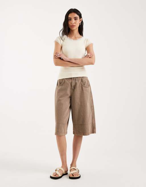 Brave Soul – Pointelle-T-Shirt in Blassgelb mit Spitzenbesatz, 4 von 4