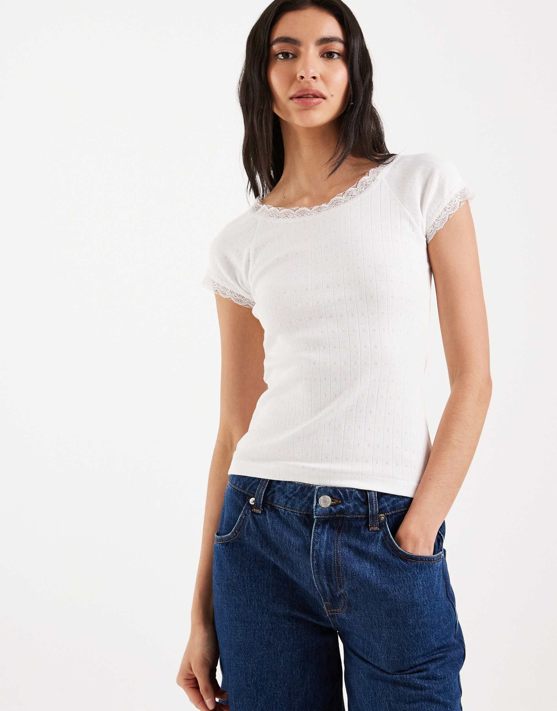 brave soul pointelle t-shirt with lace trim in white