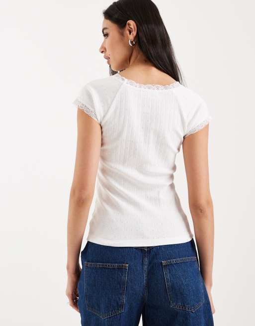 Brave Soul pointelle t-shirt with lace trims in white, 4 of 4