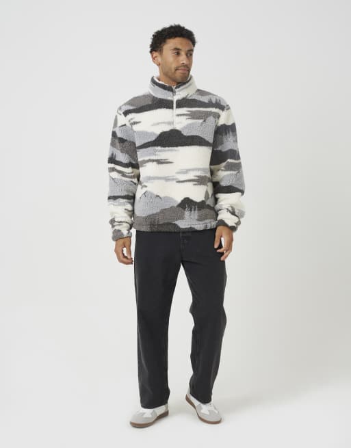 Brave Soul polaire borg à imprimé paysage, demi-zip, gris, 3 de 4