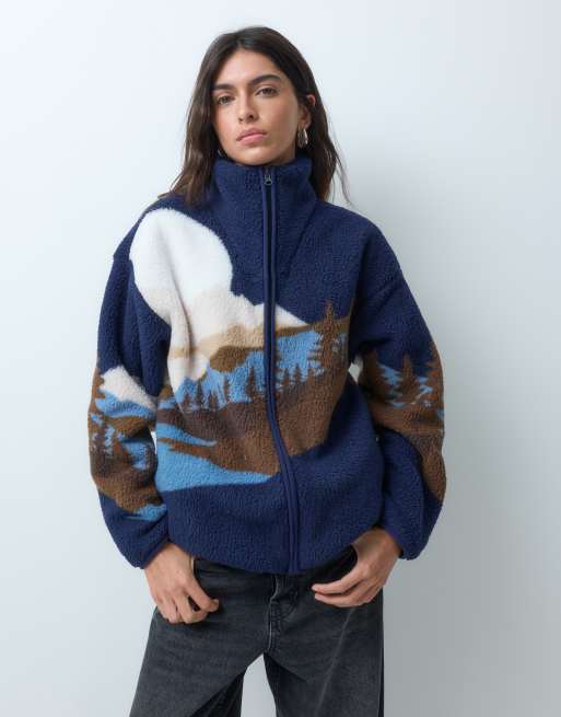 Brave Soul polaire zippée avec imprimé graphique paysage en marine, 2 de 5