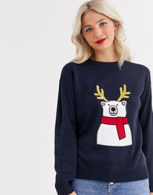 Brave Soul polar bear christmas jumper with sequin antlers