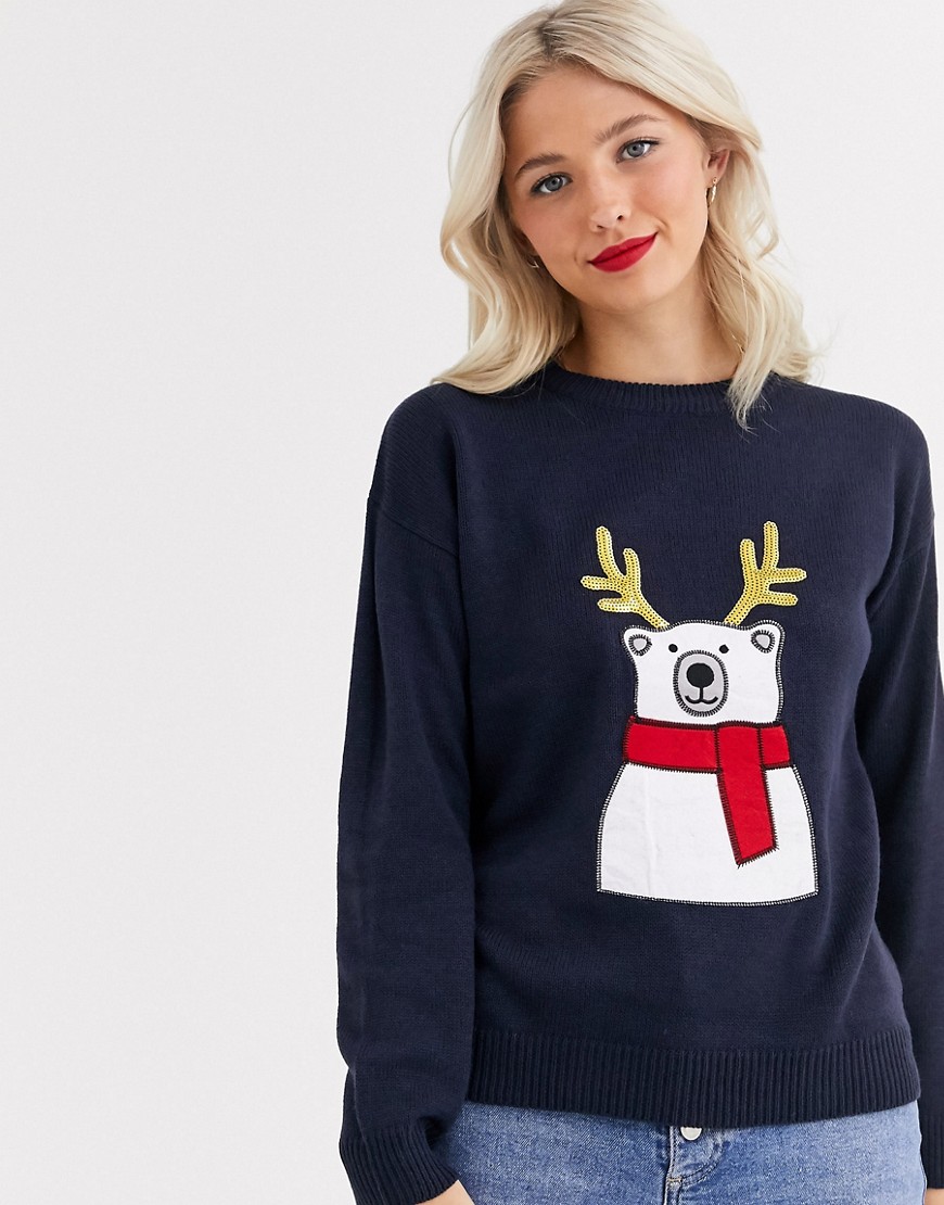 Brave Soul polar bear christmas jumper with sequin antlers-Navy