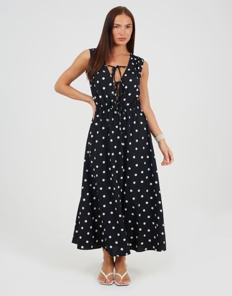 Brave Soul Polka dot sleeveless maxi dress with front tie in black - view 1
