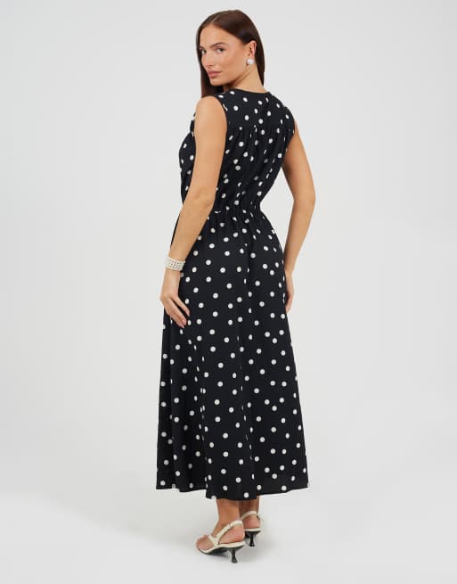 Brave Soul Polka dot sleeveless maxi dress with front tie in black, 2 of 3
